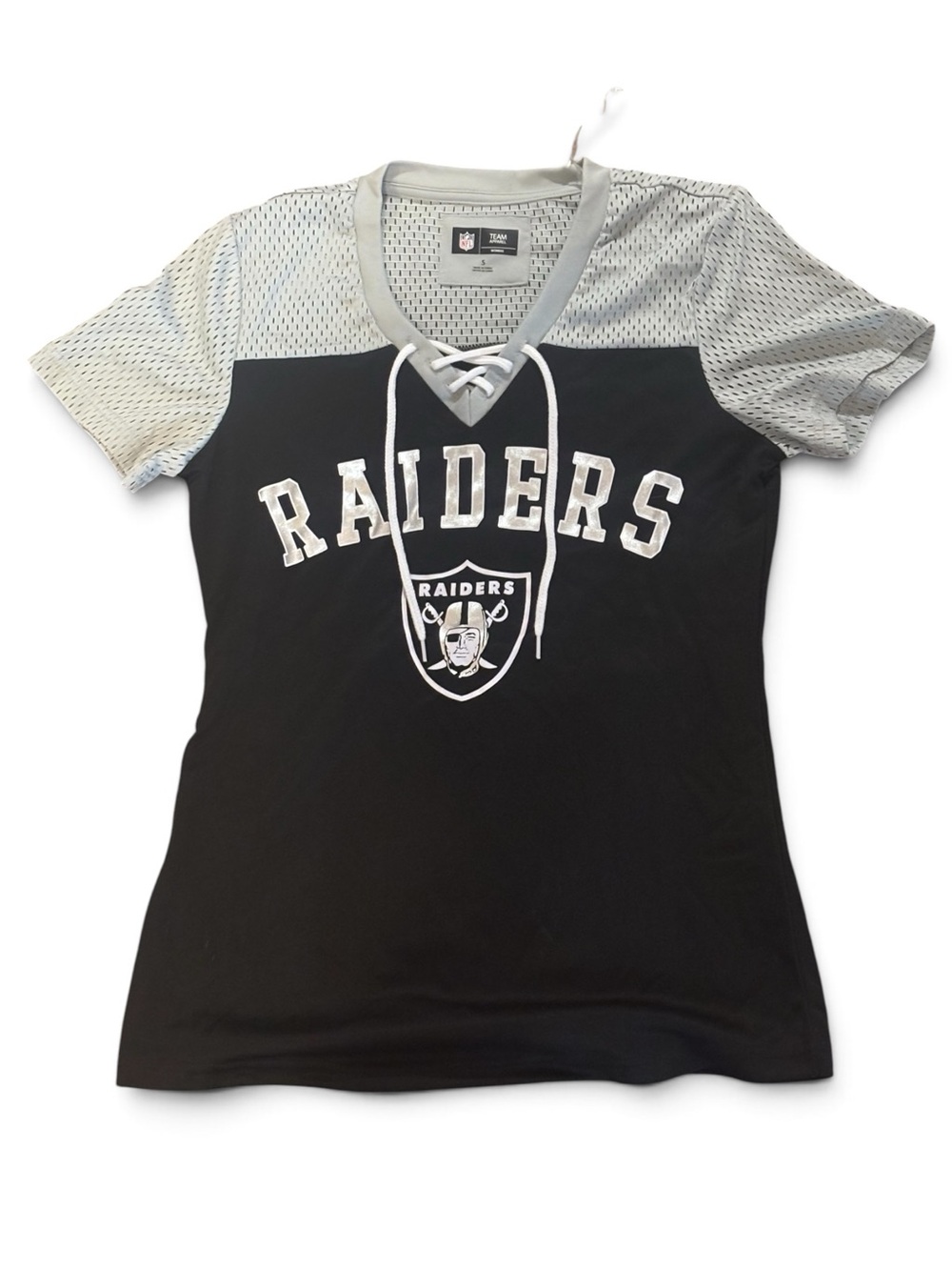 NFL Las Vegas Raiders Women’s Lace-Up Jersey Top Black Silver Mesh NWT size S